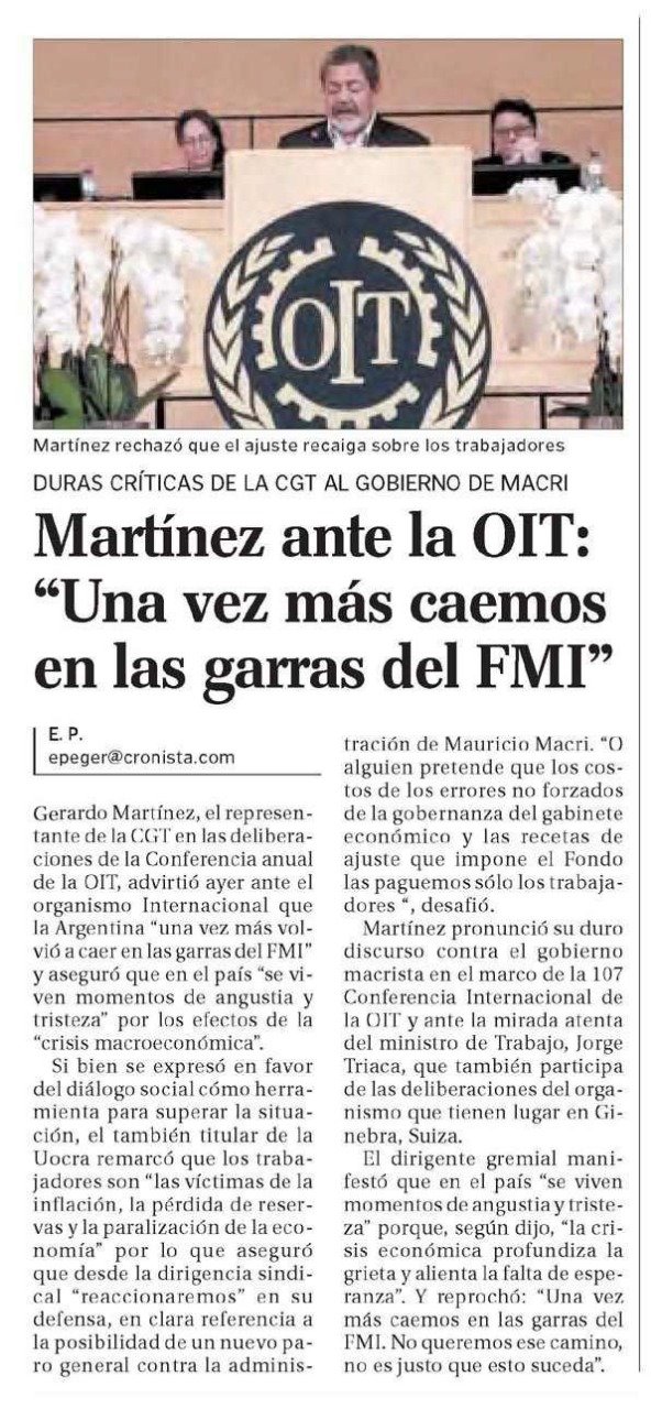 Discursos de Gerardo Martinez en OIT - Repercusiones.