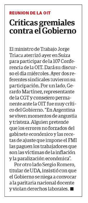 Discursos de Gerardo Martinez en OIT - Repercusiones.