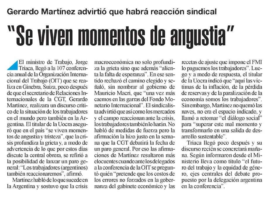 Discursos de Gerardo Martinez en OIT - Repercusiones.